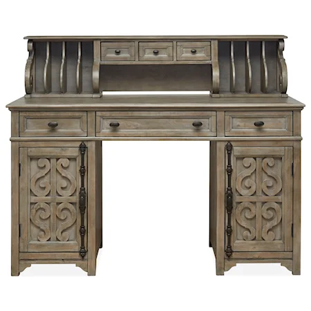 Relaxed Vintage Counter Height Standing Desk with Storage Hutch and Serpentine Carvings